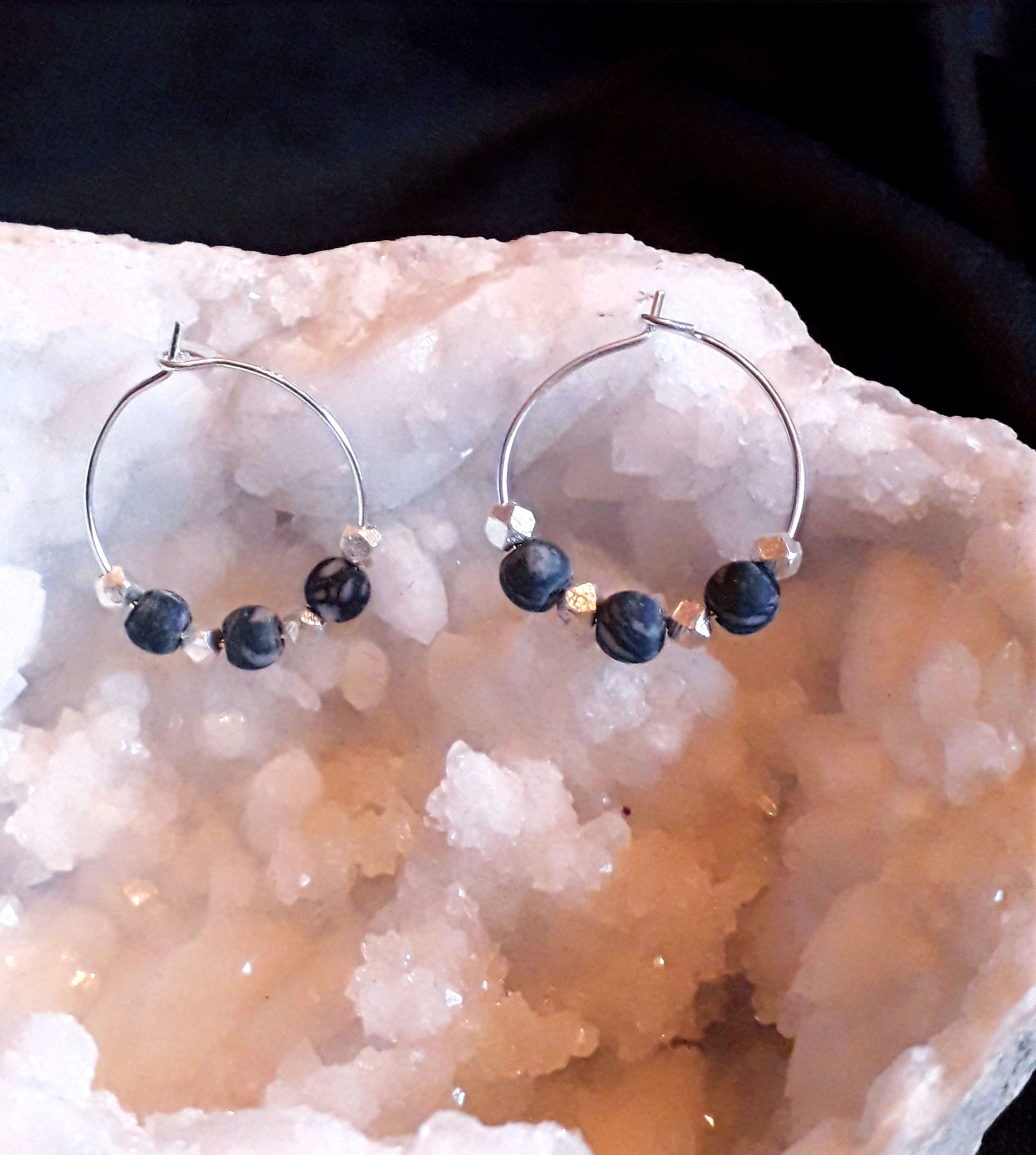 Sterling silver ear hoops with black lined jasper