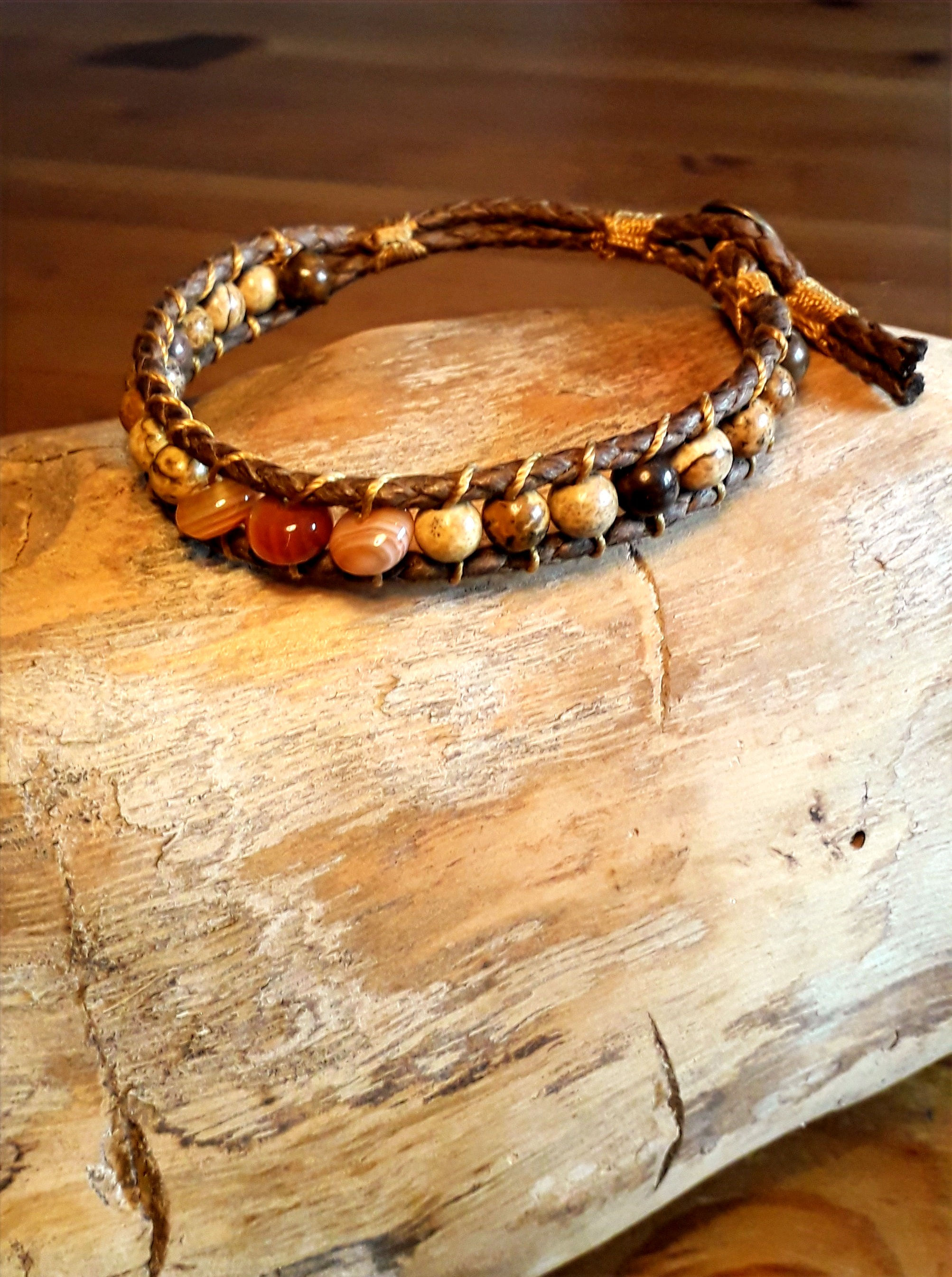 Vegan leather bracelet red agate/autumn & picture jasper