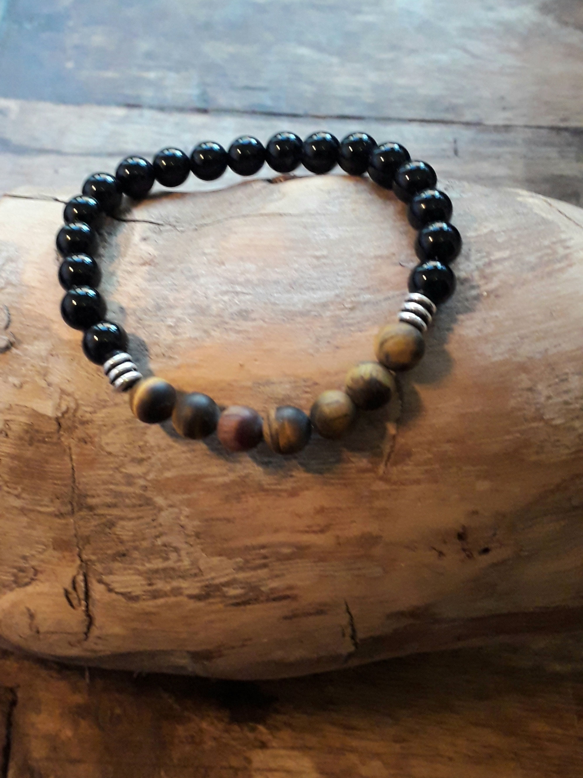 Onyx 8mm Tiger eye 8mm/solid silver spacers bracelet