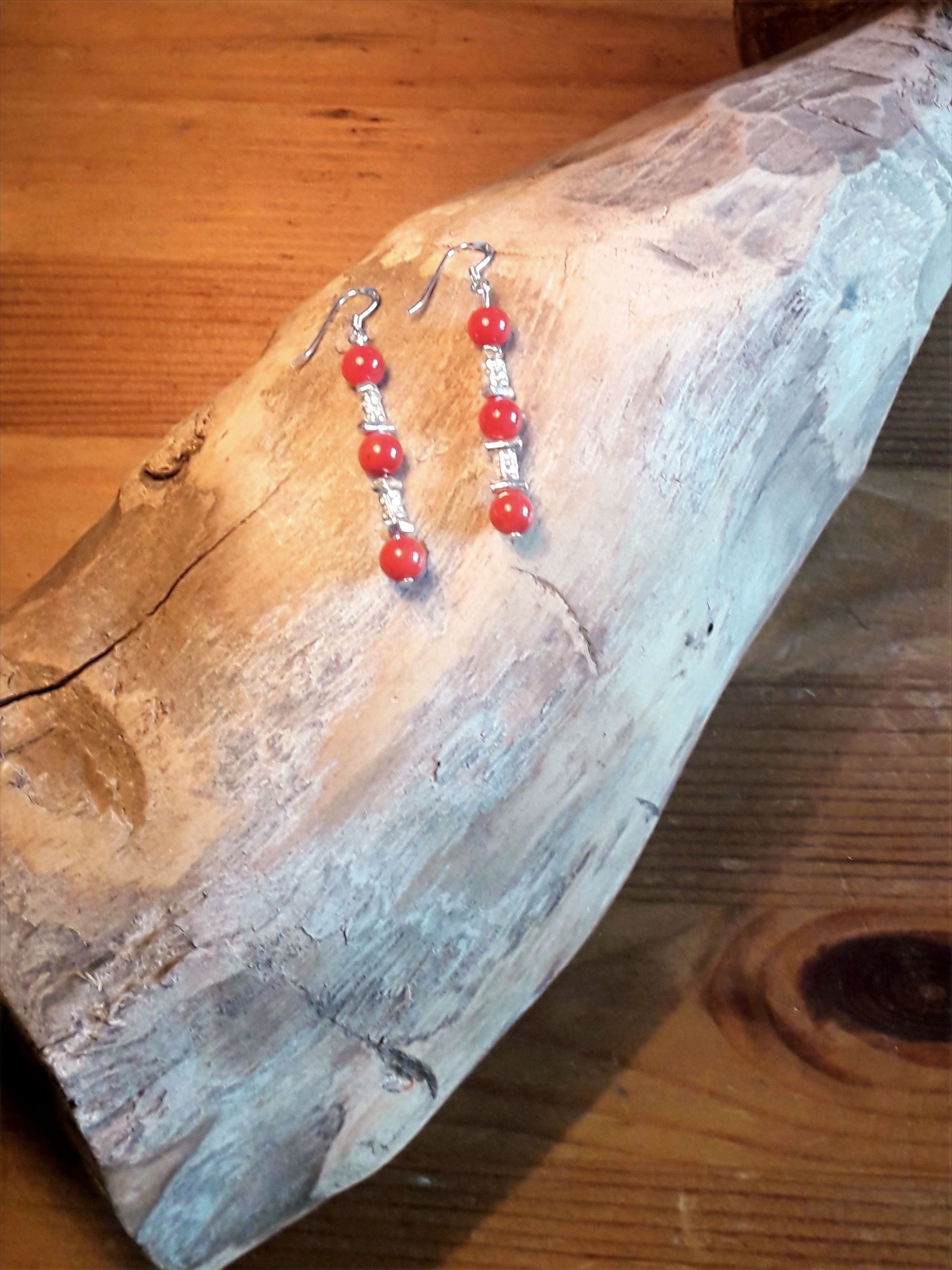 Sterling silver earrings, hooks/ studs with coral and silver bamboo sticks