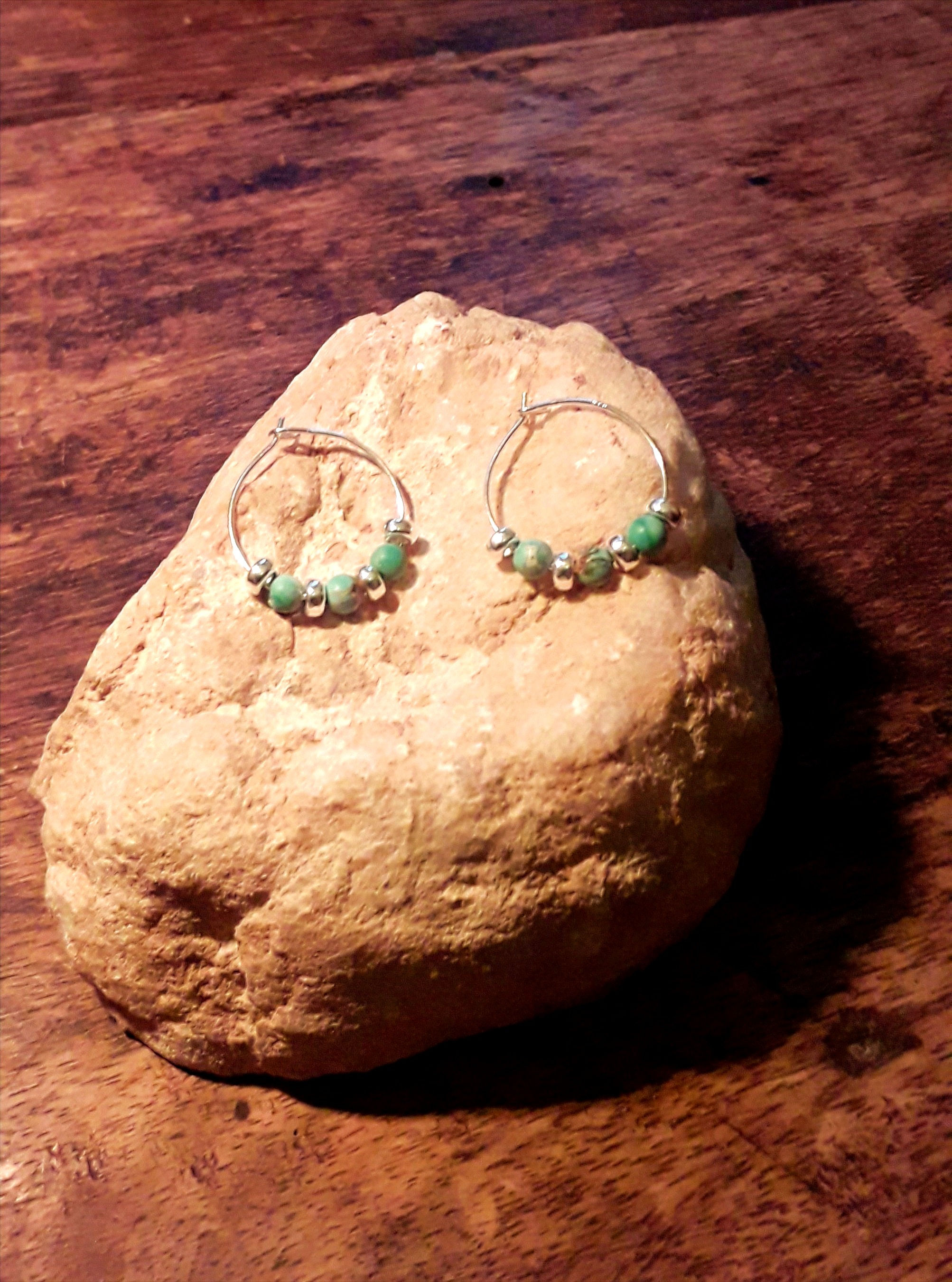 Sterling silver ear hoops with blue jasper/ silver discs