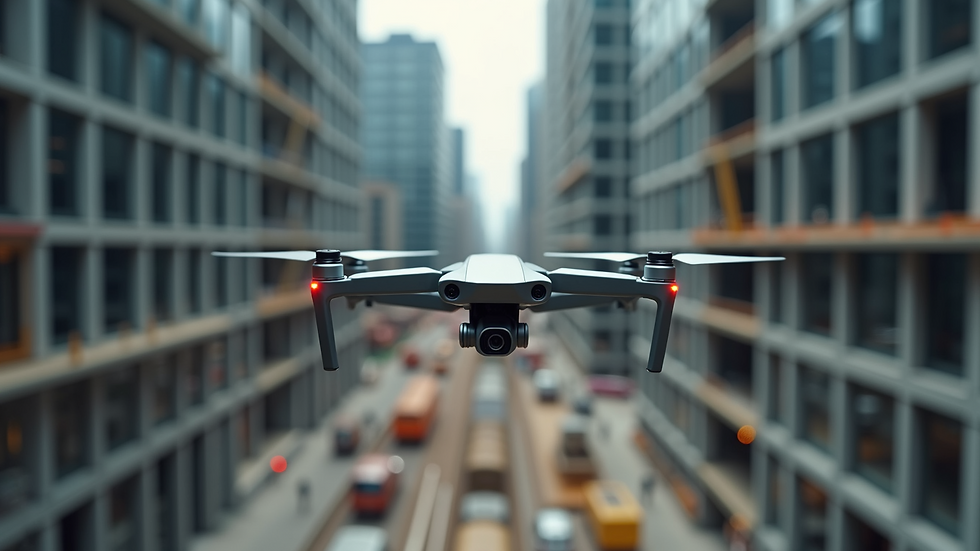Eye-level view of drone capturing aerial images of construction site