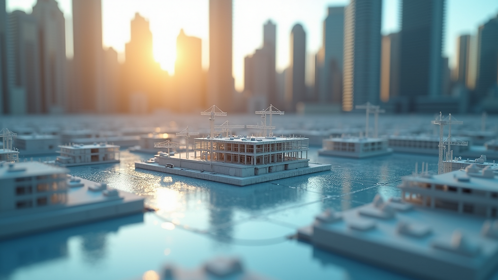 Eye-level view of a detailed 3D model of a construction site on a computer screen