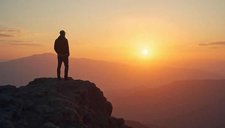 Eye-level view of a man standing on a mountain peak at sunrise, looking out over a vast landscape