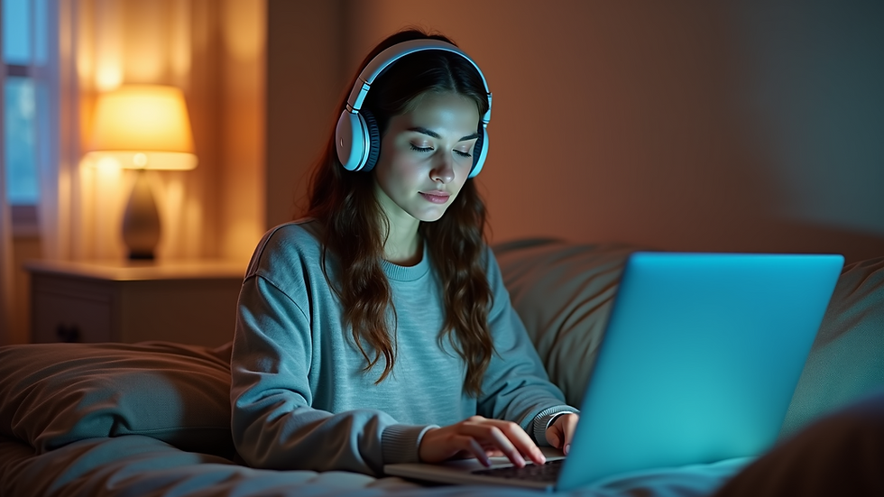 Eye-level view of a cozy room with headphones and a laptop playing audio