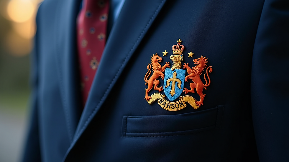 Close-up view of embroidered family coat of arms on a navy blue blazer