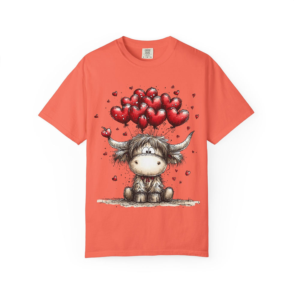 Thumbnail: Highland Cow Valentine T-Shirt — Cute Heart Balloon Cow Tee
