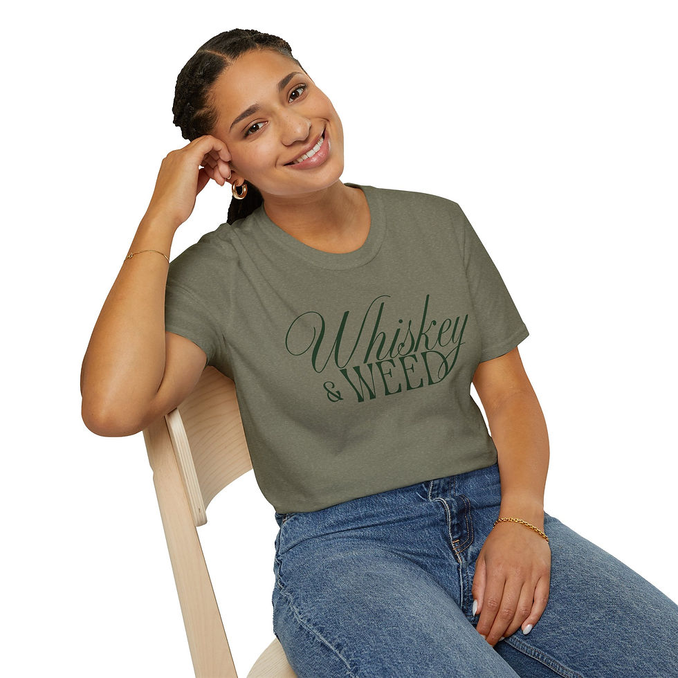 Thumbnail: Whiskey & Weed T-Shirt — Script Graphic Tee for Cannabis and Spirits Fans