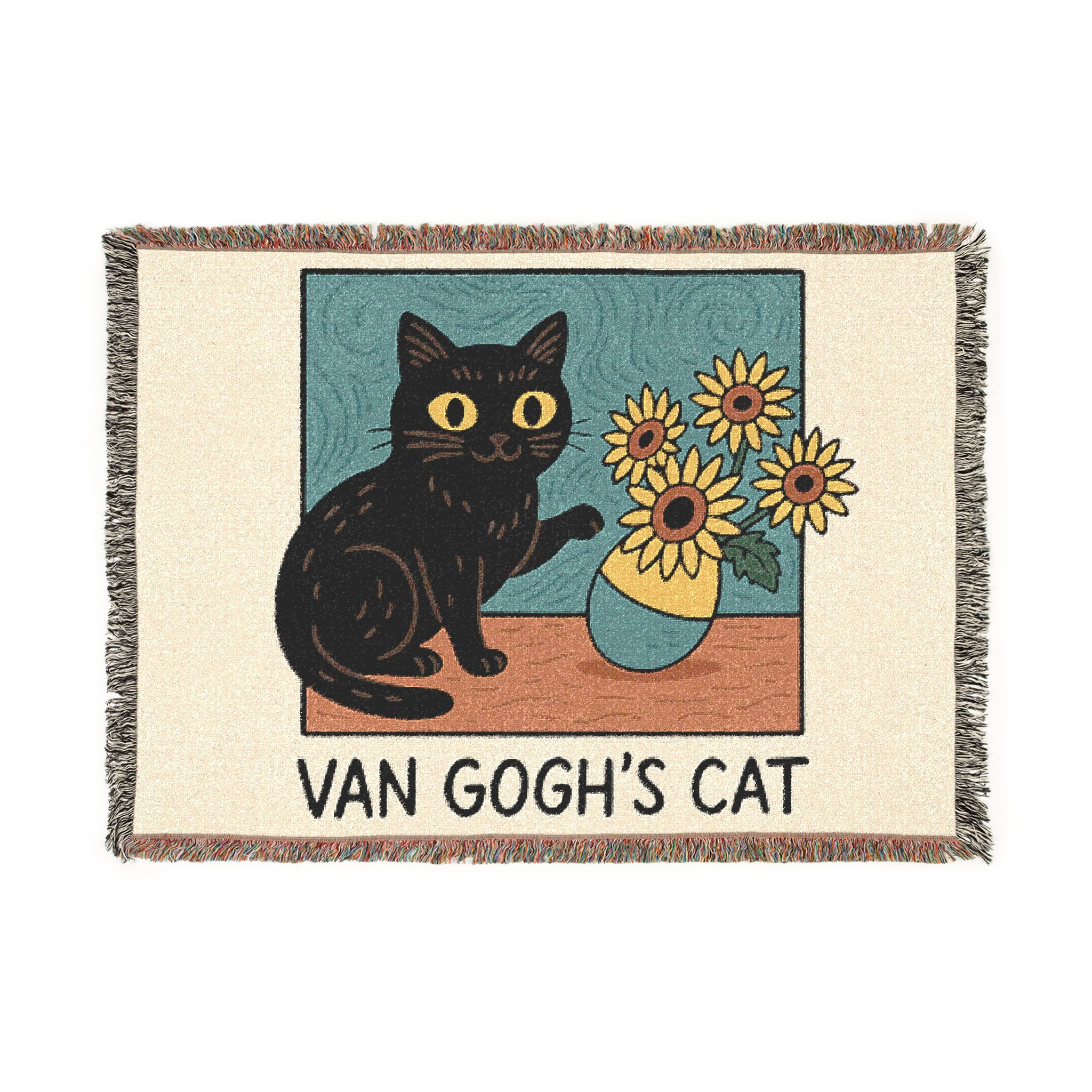 Van Gogh's Cat Woven Blanket — Vintage Art-Inspired Throw with Sunflowers