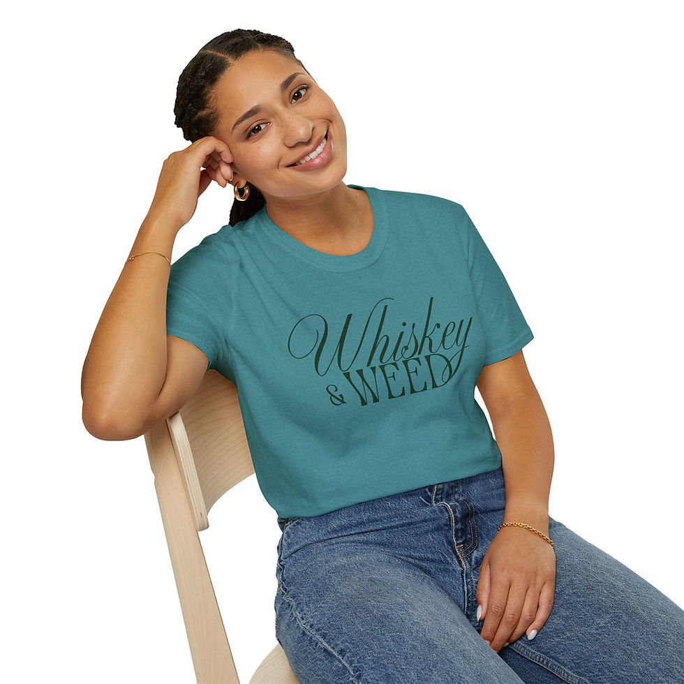 Thumbnail: Whiskey & Weed T-Shirt — Script Graphic Tee for Cannabis and Spirits Fans