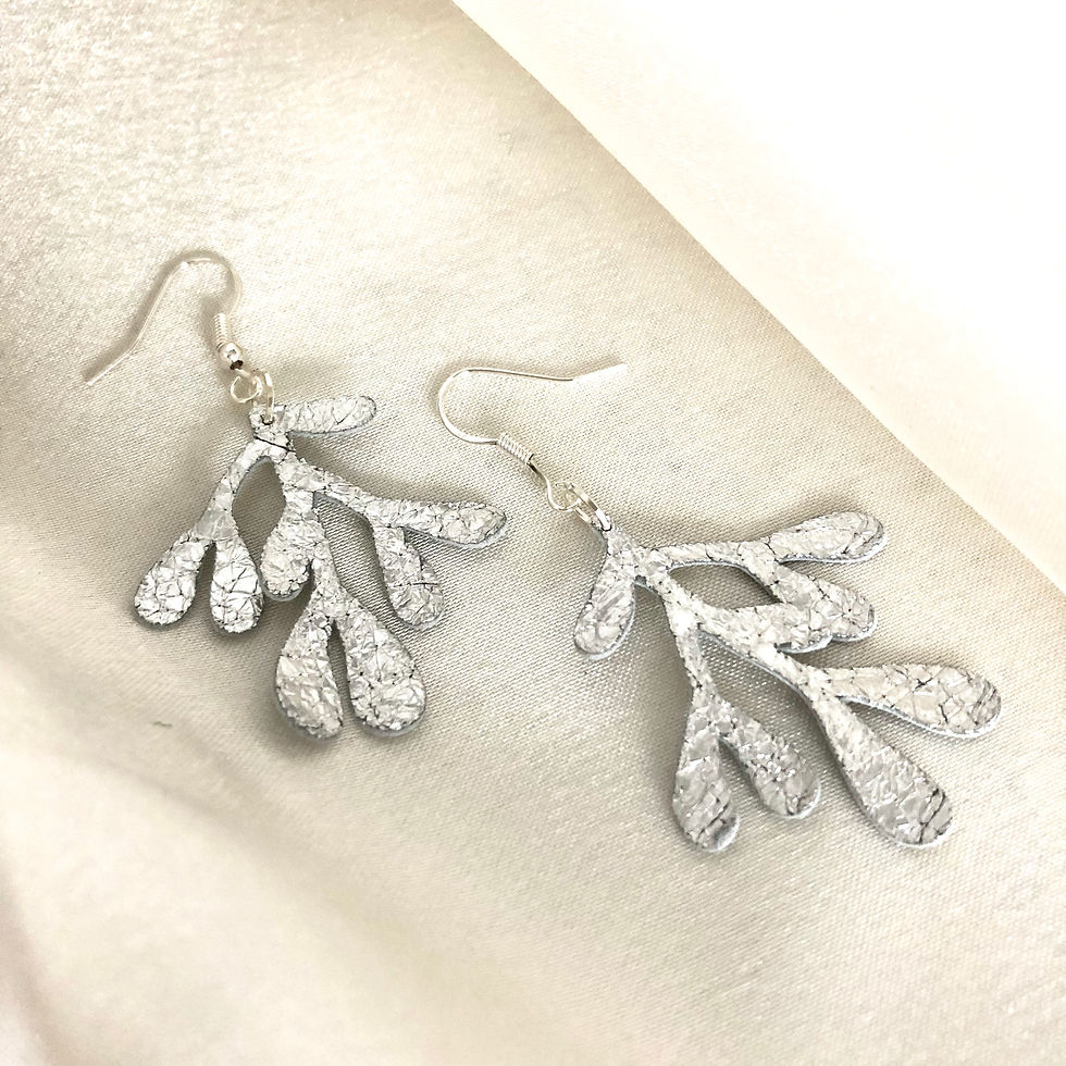 Thumbnail: Small Silver Crackle Metallic Leather Mistletoe Dangle Earrings