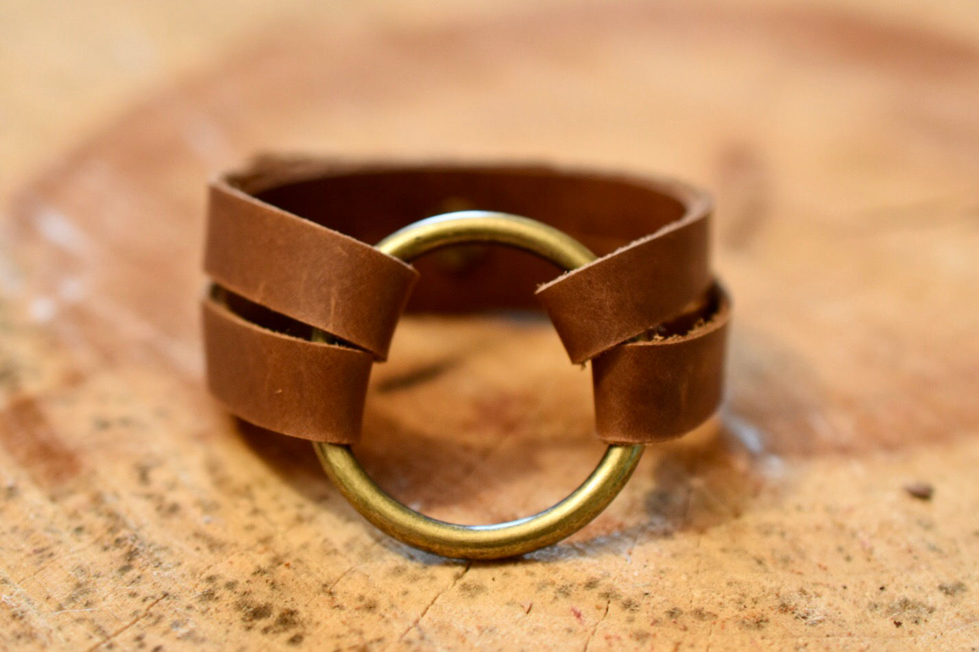 Large Brass Ring Weathered Brown Leather Bracelet