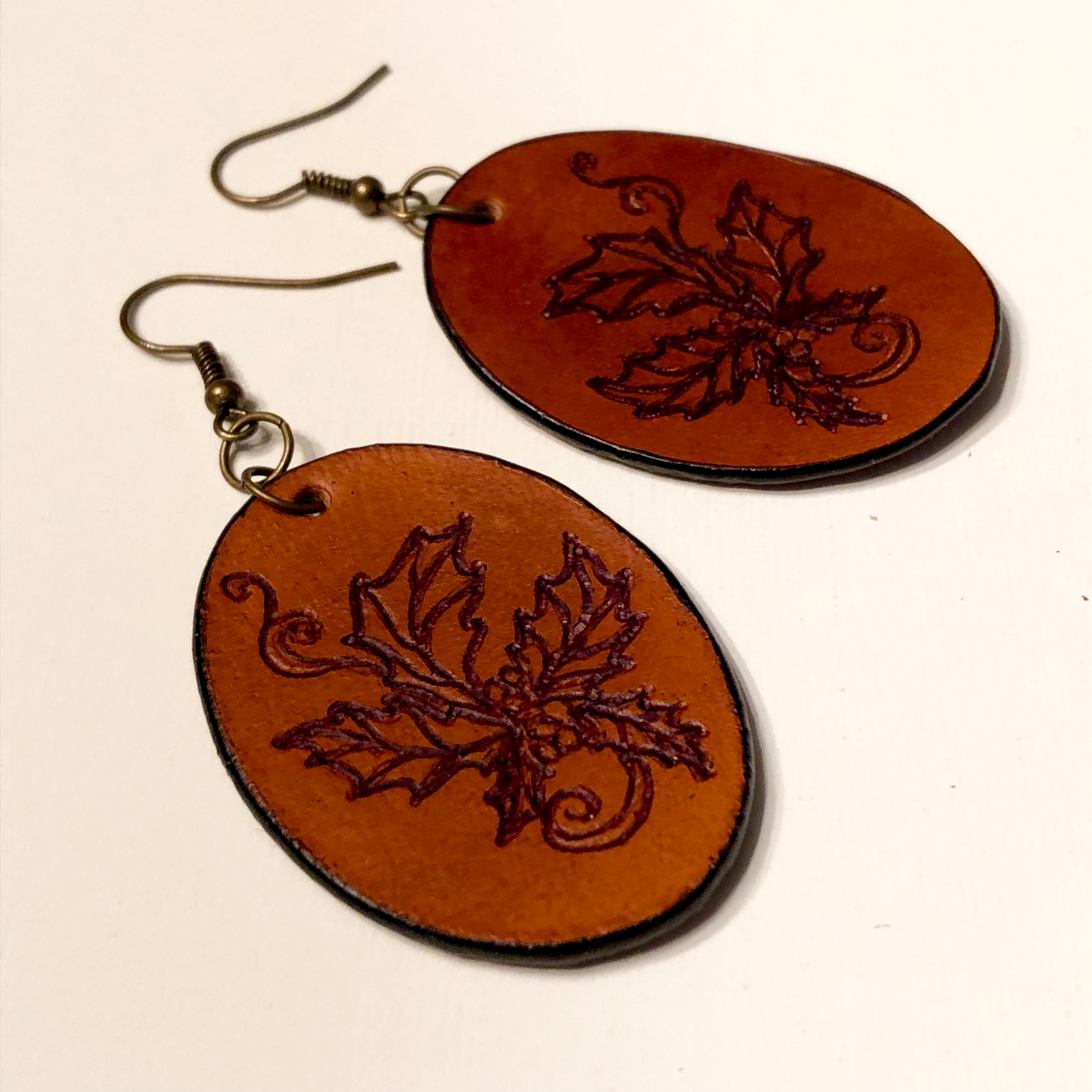 Engraved Leather Vintage Victorian Holly Earrings
