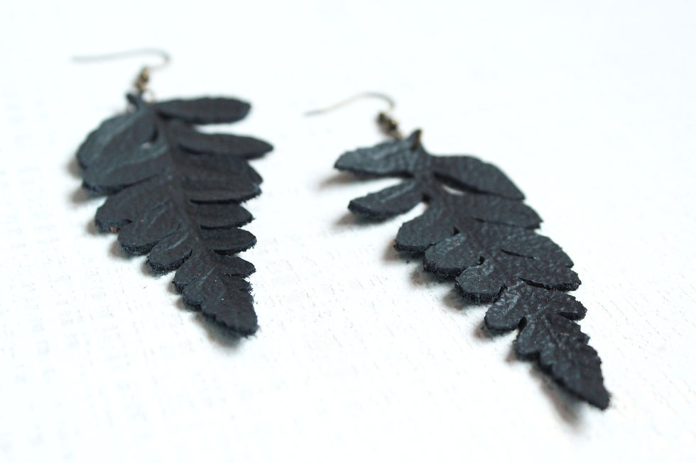 Thumbnail: Dark Green Fern Leather Leaf Earrings