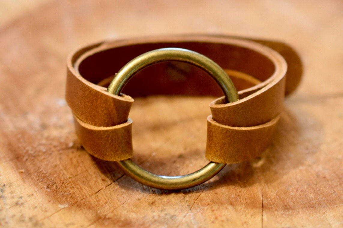 Large Brass Ring Sienna Brown Leather Bracelet