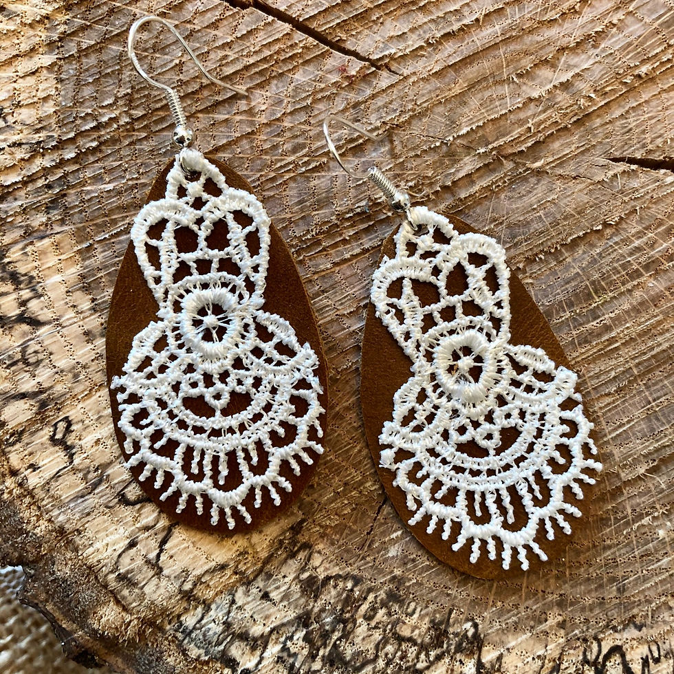 Sienna and Ivory Leather and Lace Teardrop Dangle Earrings