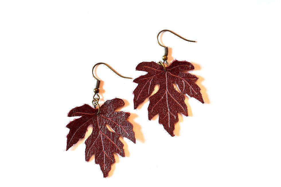 Thumbnail: Medium Burgundy Leather Maple Leaf Earrings
