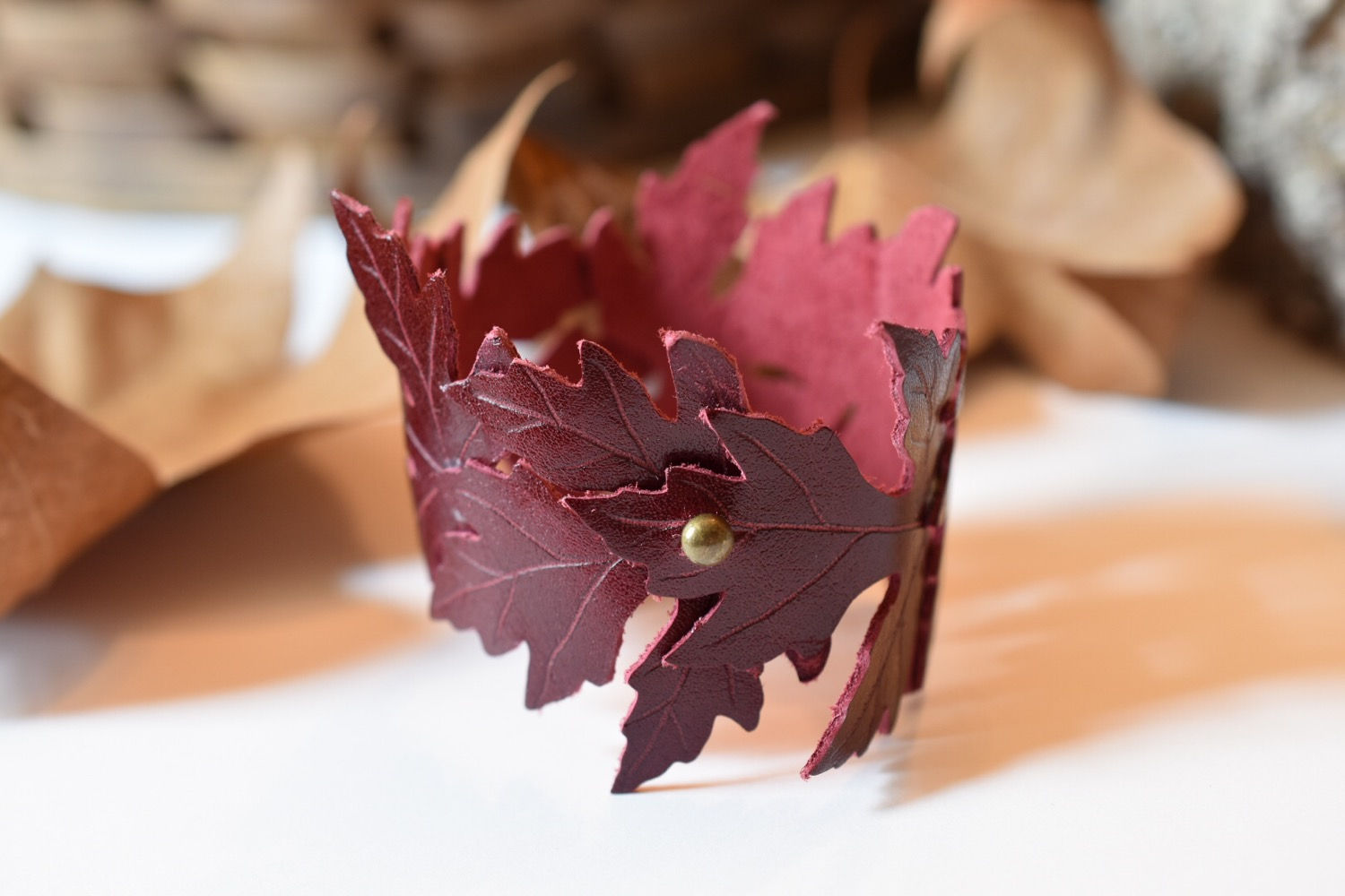 Burgundy Maple Leaf Leather Cuff