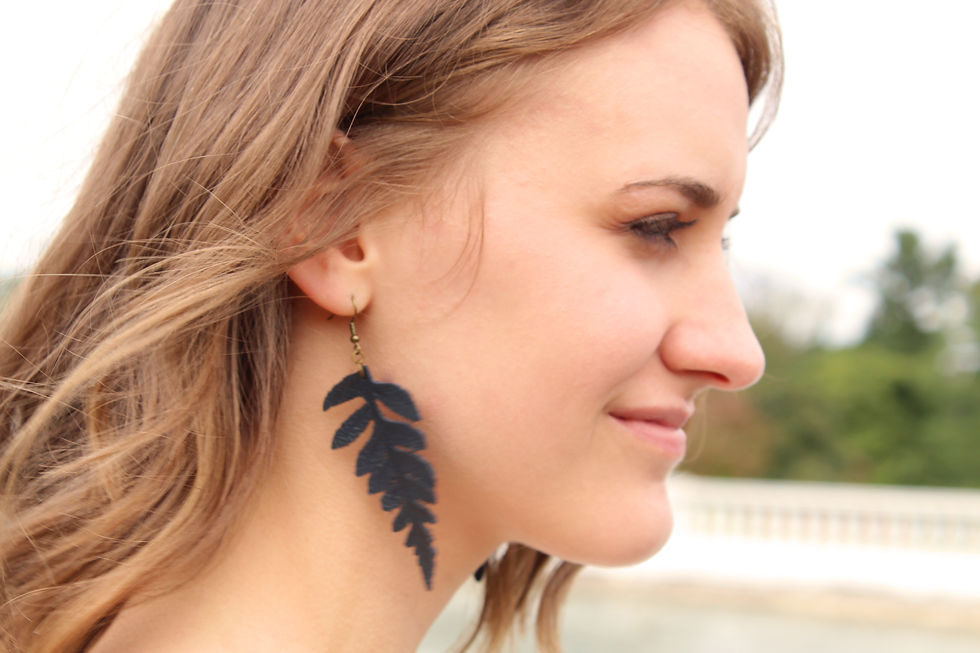 Thumbnail: Dark Green Fern Leather Leaf Earrings