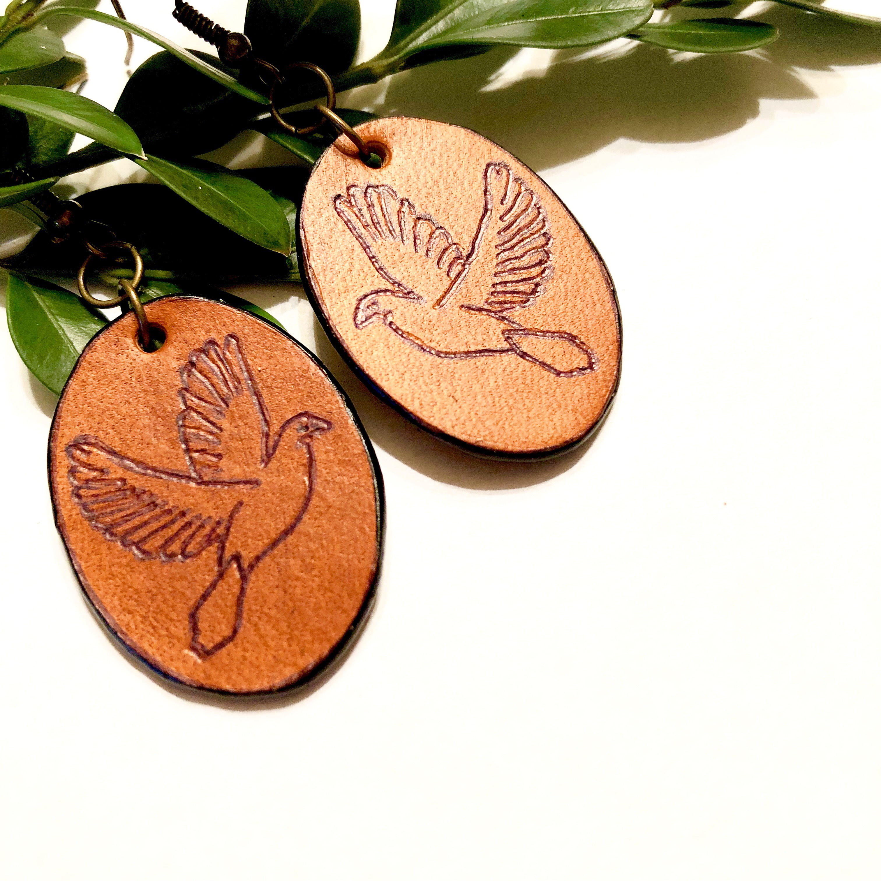 Small Engraved Leather Dove Earrings