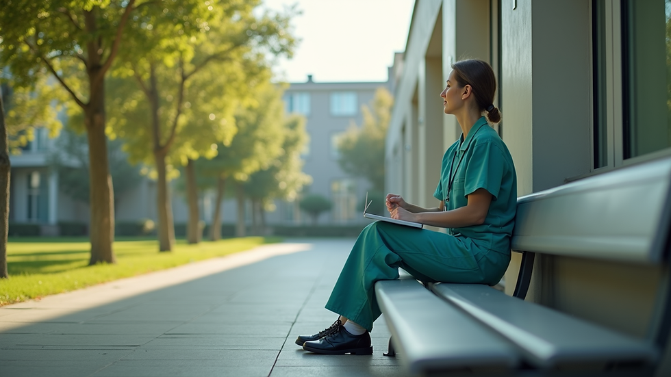 Vista dall’alto di un professionista sanitario che si prende una pausa all’aperto, seduto su una panchina in un giardino ospedaliero