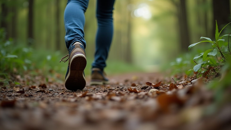 Close-up view of feet walking slowly on a forest path
