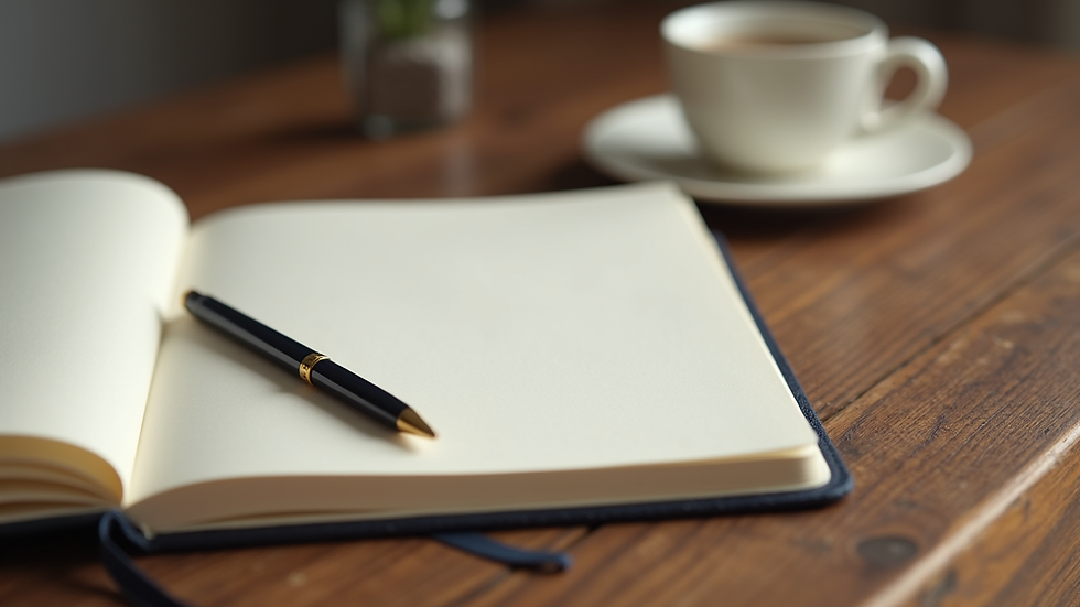 Close-up view of a journal and pen on a wooden table, tools for mindfulness practice