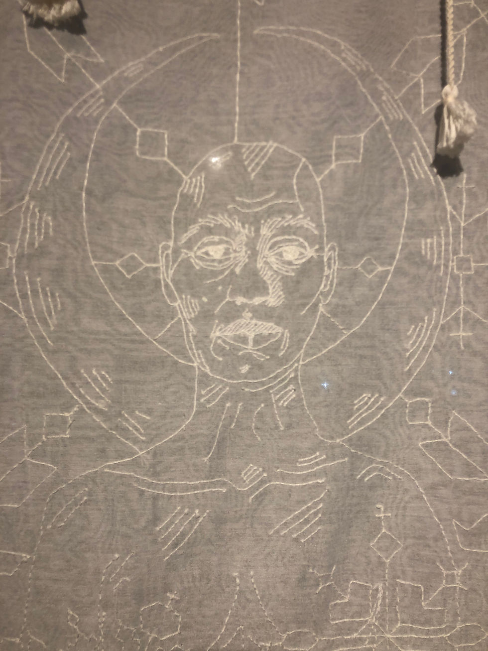Detail from 'Alam Khana' by Amra Khan (Cotton thread on Semi Sheer cotton-poly blend fabric, 2025)