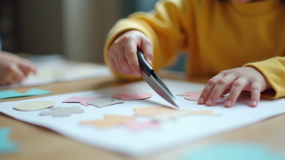 Close-up view of child’s hands using scissors to cut paper shapes