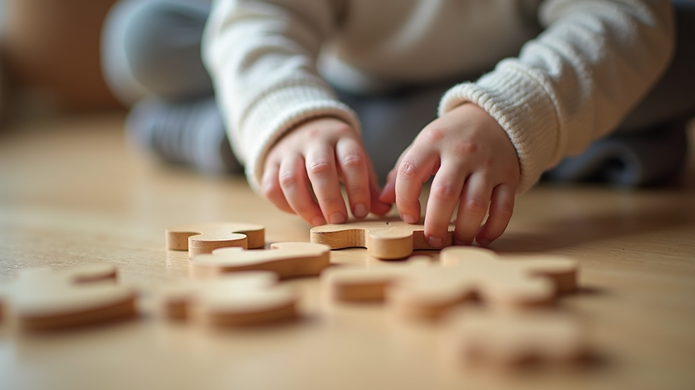 Close-up view of a preschooler’s hands assembling a simple wooden puzzle