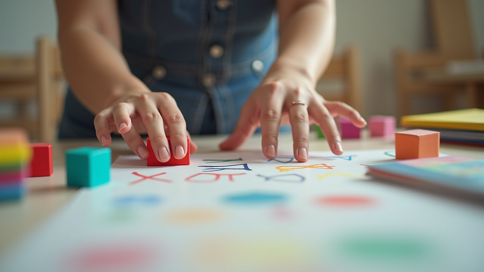 Close-up view of a preschool teacher arranging colorful learning materials on a table