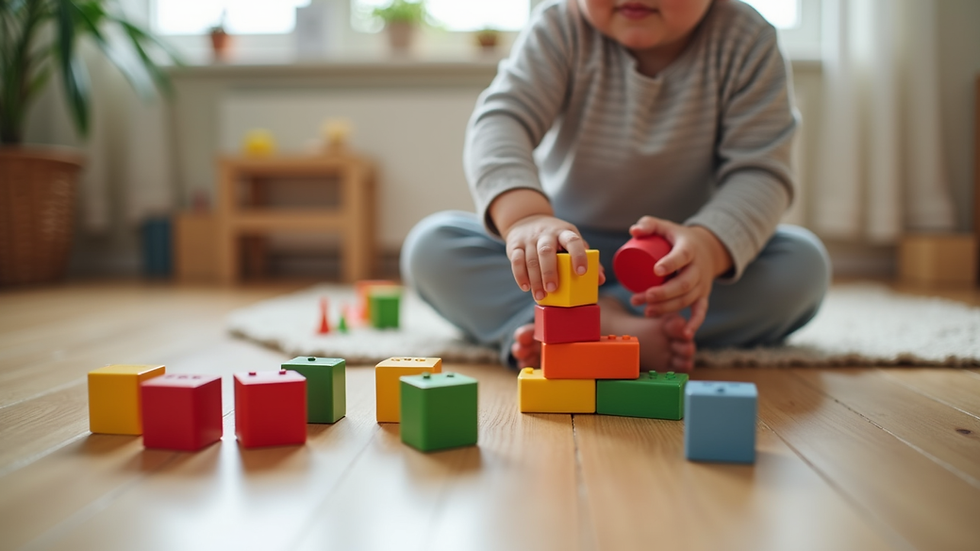 Close-up view of toddler stacking colorful blocks on a wooden floor