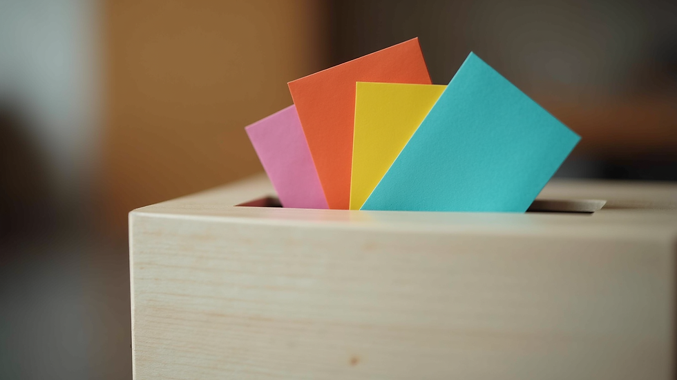Close-up view of a donation box with colorful envelopes and notes