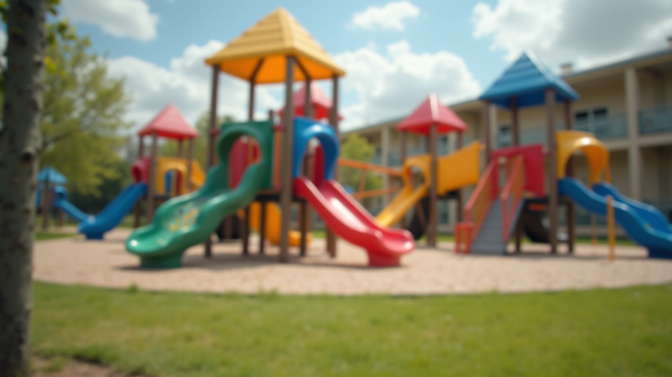 Close-up view of school playground with colorful play structures