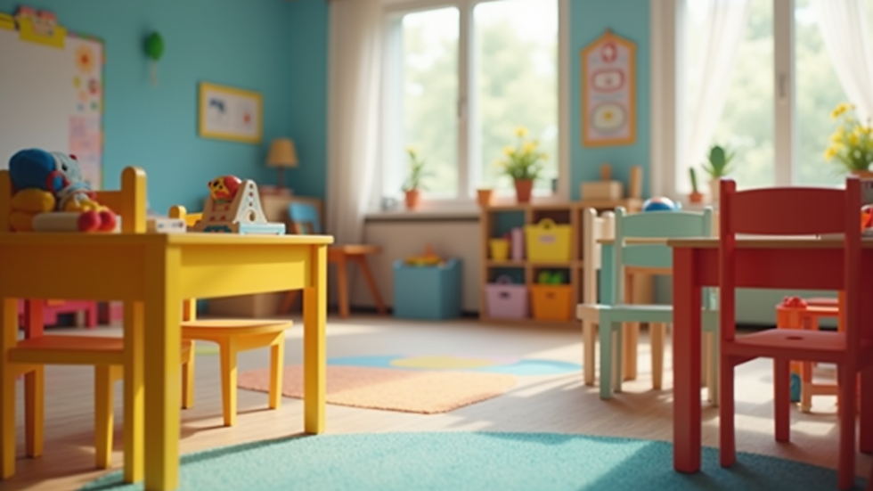 Eye-level view of colorful preschool classroom with learning materials