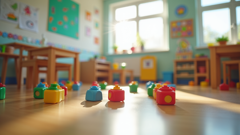 Eye-level view of a colorful classroom with educational toys and learning materials