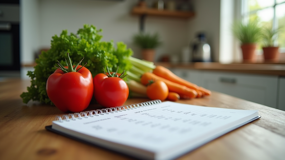 Eye-level view of a kitchen counter with fresh vegetables and a meal plan notebook