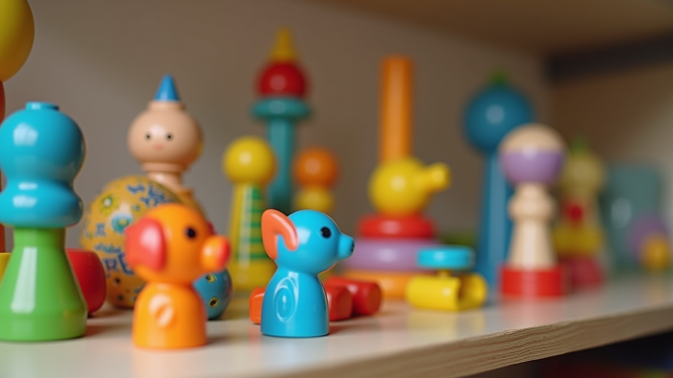 Close-up view of colorful educational toys arranged on a shelf