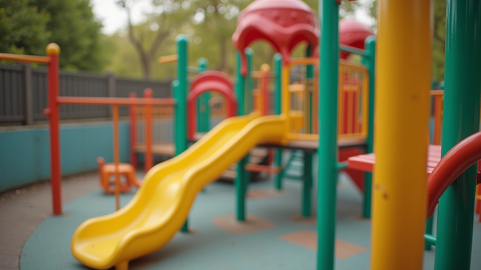High angle view of preschool playground with colorful equipment