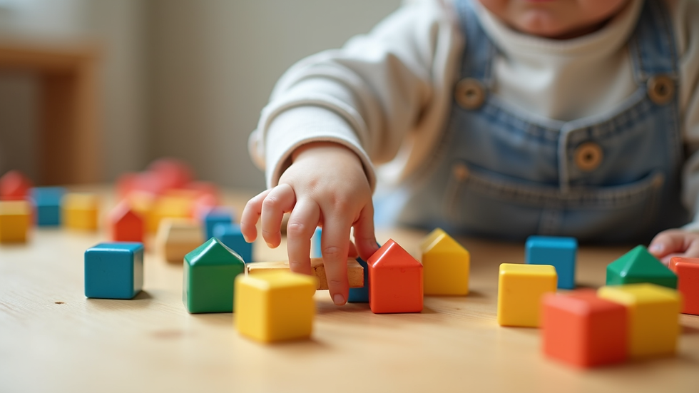 Close-up view of a child’s hand playing with educational blocks at daycare