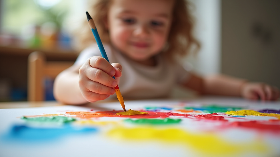Close-up view of child painting with bright colors in preschool art class