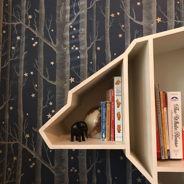 Children's custom bear-shaped children's bookcase, working into the natural, wooded theme of this children's room in Chevy Chase, Maryland. 