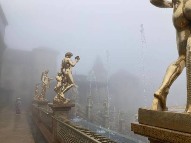 Versailles–style fountains (in the rain)