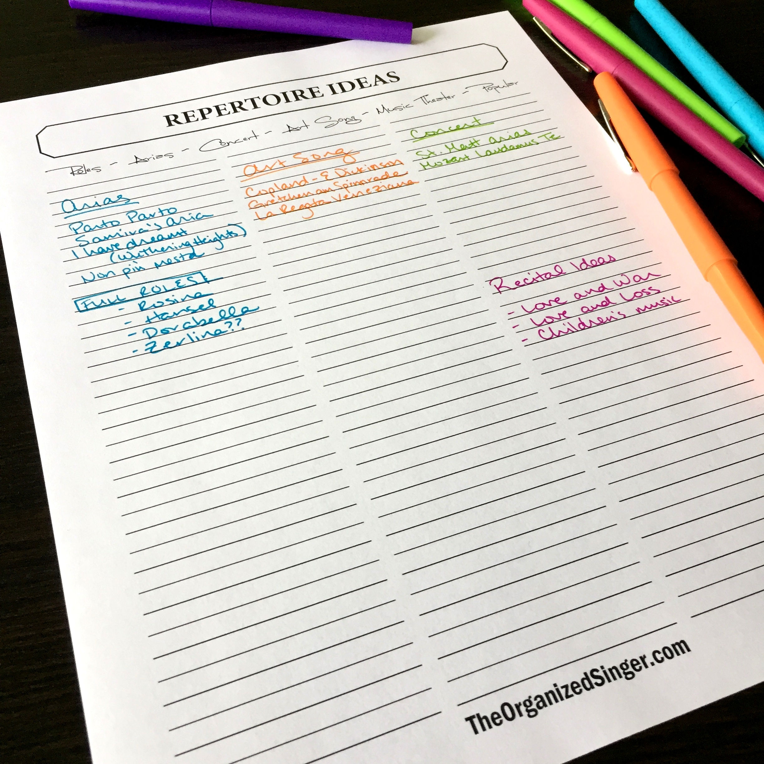 Repertoire Ideas Sheet