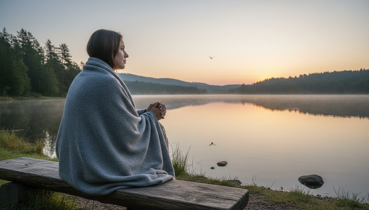 Eye-level view of a person sitting alone on a quiet wooden bench at sunrise