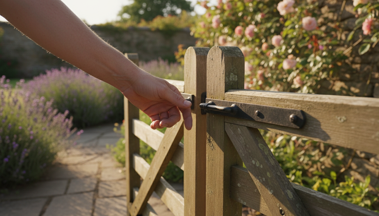 Close-up of a hand gently closing a wooden gate in soft afternoon light.