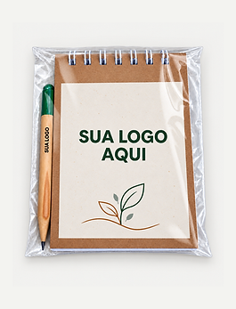 Bloquinho espiral 10 × 7 cm com 50 folhas e mini lápis-semente. Capa e lápis personalizados com a identidade da sua empresa.