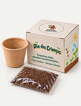 Kit personalizado com vasinho biodegradável, terra e sementes. Uma experiência para plantar, cuidar e crescer brincando.