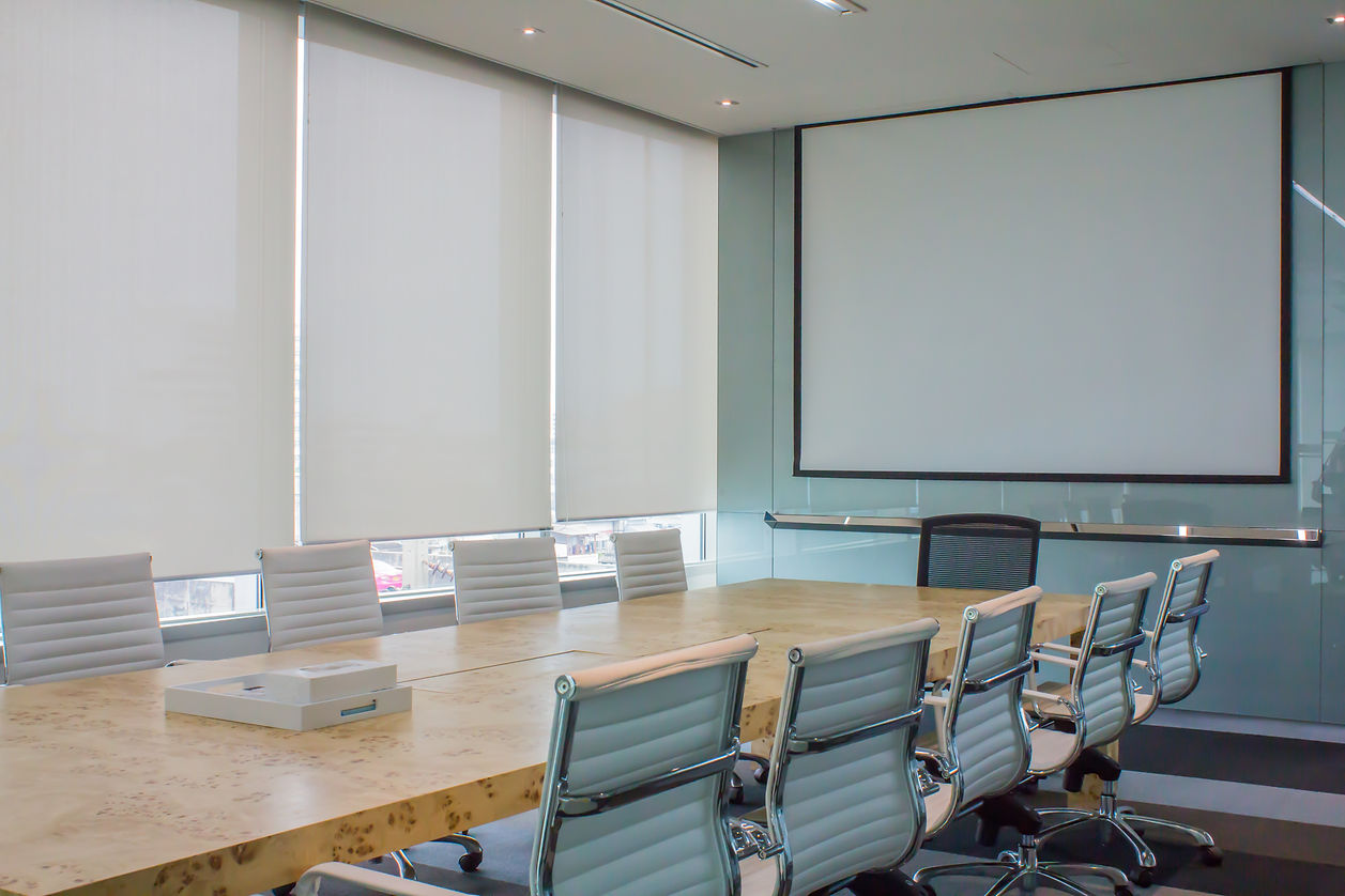 Meeting room with white curtain, shutters, blind, roller..jpg