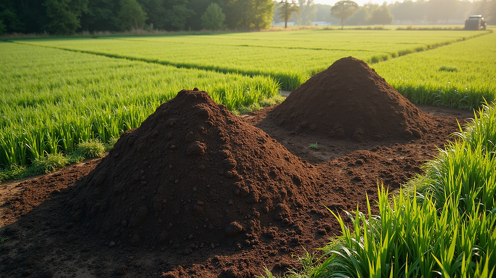High angle view of compost piles and cover crops at a sustainable farm